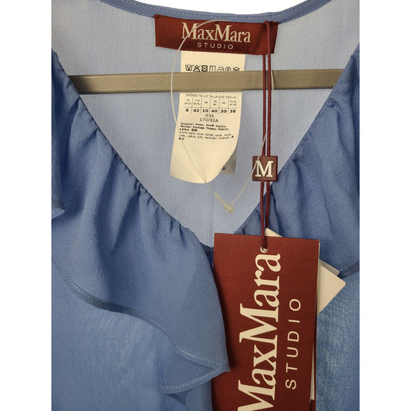 Max Mara Studio ALBARTO Ruffled Silk Blouse Size 8 NWT BLUE - Picture 2 of 6